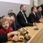 Daisy Gogarty, 18-months, left, in the arms of her father Green Party TD Paul Gogarty with other members of the Green Party, as John Gormley, Green Party leader and Environment Minister speaks during a press conference at Leinster House. 

The Green Party stunned Cowen and his Fianna Fail party by announcing Monday they want parliament dissolved in January for an early election. 


(AP Photo/Peter Morrison)