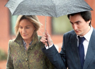 Hazel Stewart, 47, leaving court with her son Andrew after the jury for her trial was sworn in yesterday.