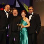 The winner of the Travel Tourism and Hospitality category at the Eircom Spider Awards 2011 is Kilarneyonamap.ie

Photographed at the Convention Centre Dublin L/R Dara Ó Briain, Stephen O'Sullivan, Laura Tangney and Patrick Dunne from OVO Studios