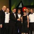 The winner of the News category at the Eircom Spider Awards 2011 is The Journal.ie 

Photographed at the Convention Centre Dublin L/R Dara Ó Briain, John Needham, Eamonn Fallon, Adrian Acosta, Susan Daly, Tim Norris from Adtech and Brian Fallon