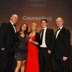 The winner of the Education category at the Eircom Spider Awards 2011 is CourseHub

Photographed at the Convention Centre Dublin L/R Dara Ó Briain, Fiona Ní Chomain, Georogina Smithwick, Phil Fogarty and David Curtin