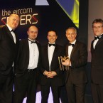 The winner of the Entertainment category at the Eircom Spider Awards 2011 is 3 Player

Photographed at the Convention Centre Dublin L/R Dara Ó Briain, Peter Clerkin, Stephen Grant, Simon Fine and Brendan Cannon from Intel Ireland