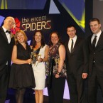 The winner of the Sports catagory of the Eircom Spider Awards 2011 is 1 Escape

Photographed at the Convention Centre Dublin L/R Dara Ó Briain, Tansy Murray, Ciara Lefroy, Gabrielle Stafford, Barry Walsh and Aidan McCullan From Communicorp