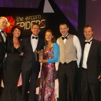The winner of the Community category at the Eircom Spider Awards 2011 is Runireland

Photographed at the Convention Centre Dublin L/R Dara Ó Briain, Angela Geraghty, Ray O'Connor, Aishling Murray, Alan Burke and Fred Schelbaun from Pressieport.ie