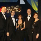The winner of the Mobile App category at the Eircom Spider Awards 2011 is National Irish Bank Smartphone Banking Application

Photographed at the Convention Centre Dublin L/R Dara Ó Briain, Simon Fullan, Caroline Douglas, Stephen Foley and Lisa Comerford from eMobile