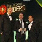 The winner of the One to Watch category at the Eircom Spider Awards 2011 is PigSty.ie

Photographed at the Convention Centre Dublin L/R Dara Ó Briain Kieran Walsh and Joe Farianella from Cartrawler. 