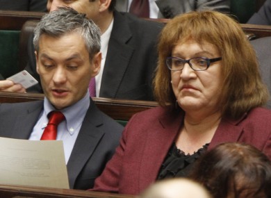 Robert Biedron and Anna Grodzka sit together at today's first sitting of the new Polish parliament. Biedron is the first openly gay Polish MP; Grodzka is the first transsexual member.