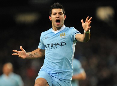 Sergioa Aguero celebrates his fortuitous opener