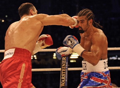 Wladimir Klitschko hits David Haye during their IBF, WBO, IBO and WBA championship bout last July.