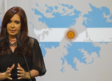 Argentina's President Cristina Fernandez speaks during a national address while standing in front of a Falklands Islands' map at Government Palace in Buenos Aires.