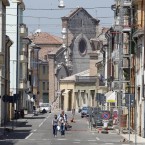 A semi-collapsed church is seen as people leave their homes in Mirandola, northern Italy today. A magnitude 5.8 earthquake hit northern Italy today, in the same region still struggling to recover from another fatal tremor on May 20. (AP Photo/Luca Bruno)