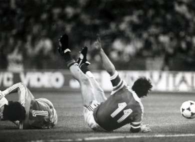 Galvin hits the turf after he was hauled down by Dasayev.