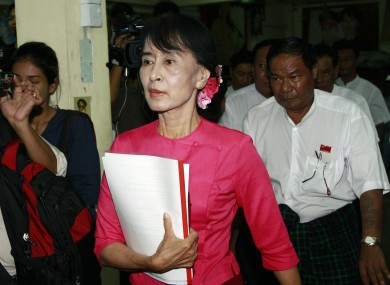 Suu Kyi at her party headquarters in Myanmar earlier this month