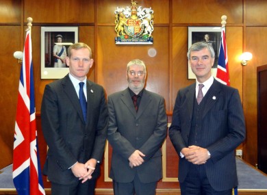 The British Foreign Office Minister Jeremy Browne (l) with Assembly chair Gavin Short (c) and governor Nigel Haywood (r) on the Falkland Islands today.