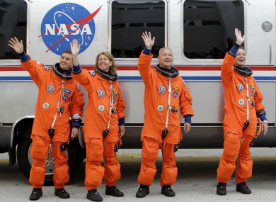The space shuttle Atlantis astronauts left to right, mission specialists Rex Walheim, Sandy Magnus, pilot Doug Hurley and commander Chris Ferguson.