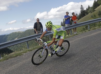 Vicenzo Nibali of Italy speeds down Grand Colombier pass yesterday.