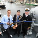 Opening Ceremony for Dublin Tall Ships. Pictured are (LtoR) Keith Duffy, Lord Mayor of Dublin Naoise O'Muiri and the Captain of the L.E.Emer military ship Lt Cdr Aedh McGinn today at the Quayside, North Wall Quay as they cutt the ribbon for the official opening of the Dublin's Tall Ships festival.
Photo: Sasko Lazarov/Photocall Ireland