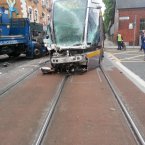 The damage to the front of the Luas carriage can be seen from this picture. Photo: Shane Brennan/Ross McCarthy