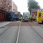 The damage to the front of the Luas carriage can be seen from this picture. Photo: Shane Brennan/Ross McCarthy