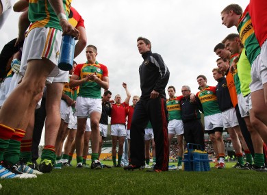 Anthony Rainbow addressing the Carlow players during this season.
