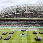 Members of the Navy Midshipmen take to the field before the game.  ©INPHO/James Crombie