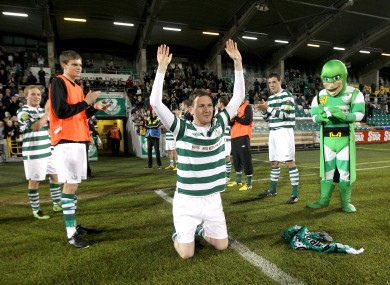 An emotional Gary Twigg of Shamrock Rovers after his last home appearance.