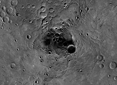 A 68-mile-diameter crater, large indentation at center, in the north polar region of Mercury which has been shown to harbor water ice.