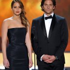 Jennifer Lawrence and Bradley Cooper not doing much to abate those 'they're sick of each other' rumours. (Photo by John Shearer/Invision/AP)