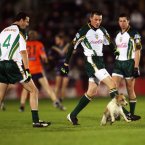 Kerry's Kieran Donaghy uses his boot with Tyrone's Sean Cavanagh and Galway's Joe Bergin watching on.
