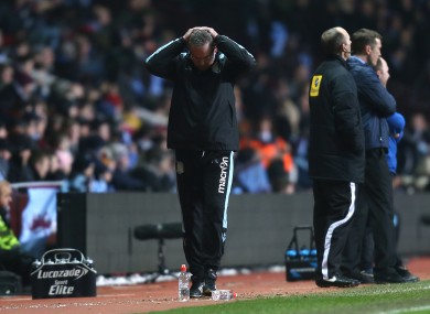 Aston Villa's manager Paul Lambert reacts to a missed chance