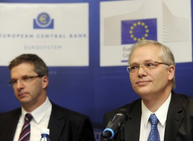 Klaus Masuch from the European Central Bank and Istvan Szekely from the European Commission, at a press briefing
