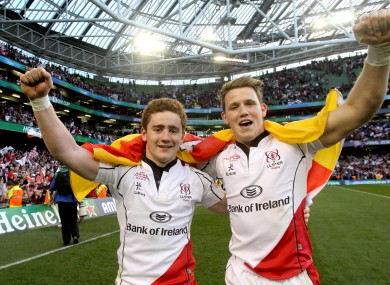 Paddy Jackson and Craig Gilroy celebrate Ulster's win at the Aviva Stadium last year.
