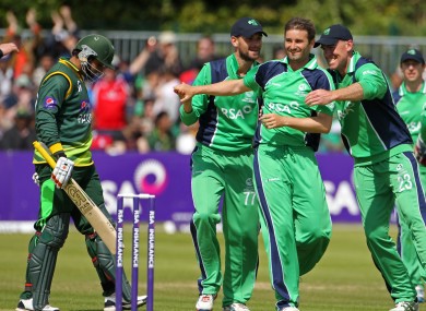 Ireland's Tim Murtagh, James Shannon and Trent Johnston celebrate a wicket.