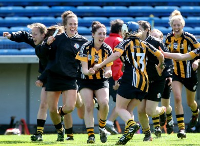 Kilkenny players celebrate at the final whistle.