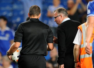 Aston Villa Manager Paul Lambert speaks to referee Kevin Friend after the defeat to Chelsea.