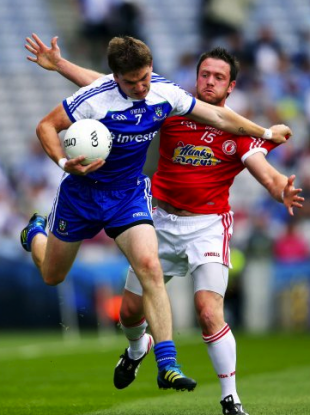 Monaghan's Dessie Mone and Tyrone's Martin Penrose.