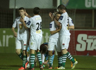 Cork City players congratulate team-mate Danny Morrissey (left) after their third goal.