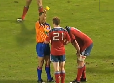 Referee Leighton Hodges sends Cathal Sheridan to the sin bin.