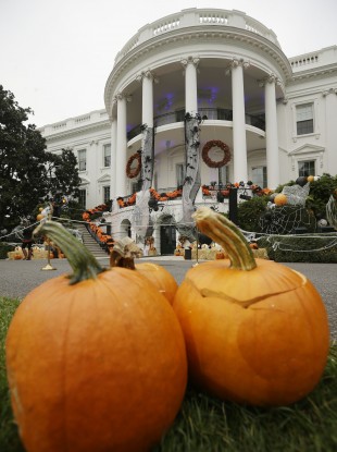 Halloween decorations adorn the South Portico of the White House in Washington